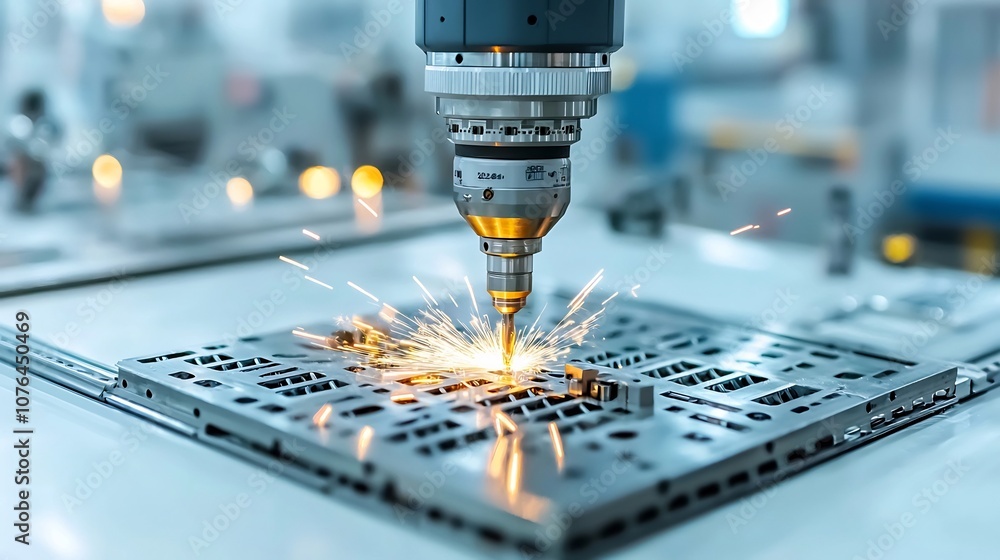 Poster Advanced industrial machinery in action drilling into metal with glowing sparks emphasizing the precision and technological prowess of modern manufacturing processes