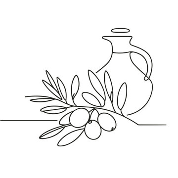 recommend clip art: Olive branch with olives and olive oil, vector, simple continuous black line drawing, minimalistic, single unbroken line, transparent background, isolated