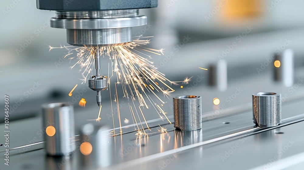Poster Powerful CNC milling machine meticulously creating metal components with a dynamic display of sparks representing the efficiency and accuracy of modern industrial manufacturing processes