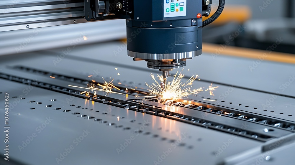 Poster State of the art CNC milling machine meticulously crafting intricate metallic components with a cascade of bright sparks showcasing the speed and accuracy of the advanced manufacturing process