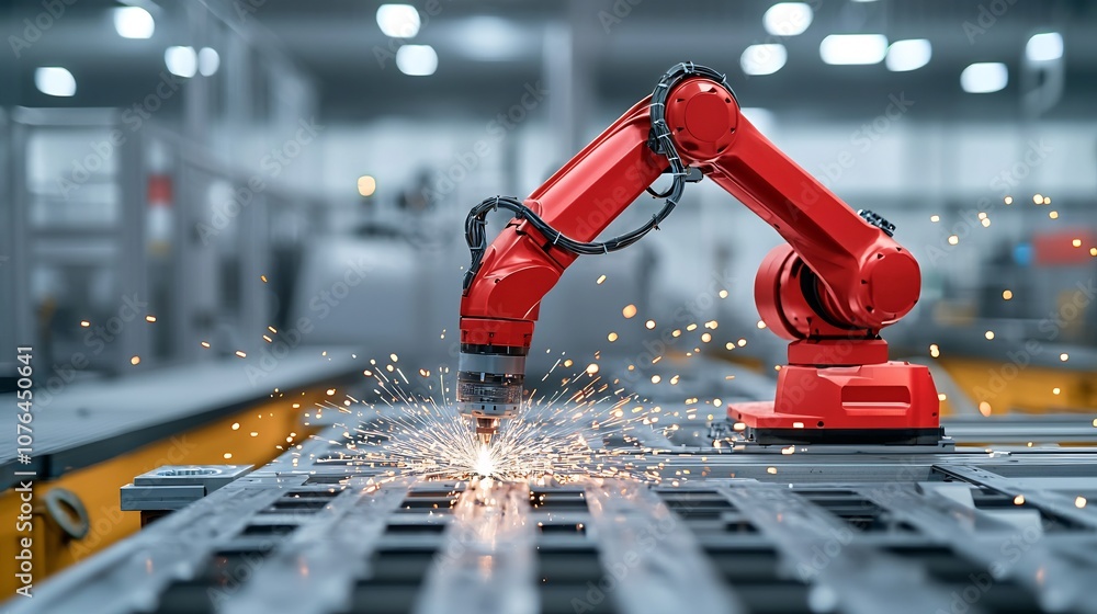 Aufkleber Robotic arm operating on metal with sparks illuminating the scene demonstrating cutting edge technology in a controlled factory environment