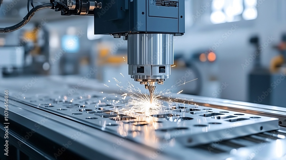 Poster high precision industrial grade milling machine crafting metal components with bright sparks in a co