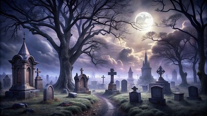Eerie Gothic Graveyard with Undead Spirits Rising from the Grave, Spooky Halloween Background Image for Haunting Atmosphere and Dark Aesthetic