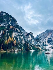 Autumn landscape of Lake Braies. Famous lake in the Dolomites.