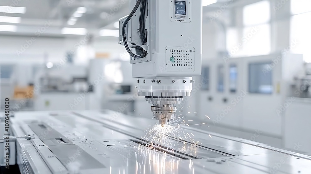 Fototapete close up view of a cnc computer numerical control machine at work emitting bright sparks as it shape