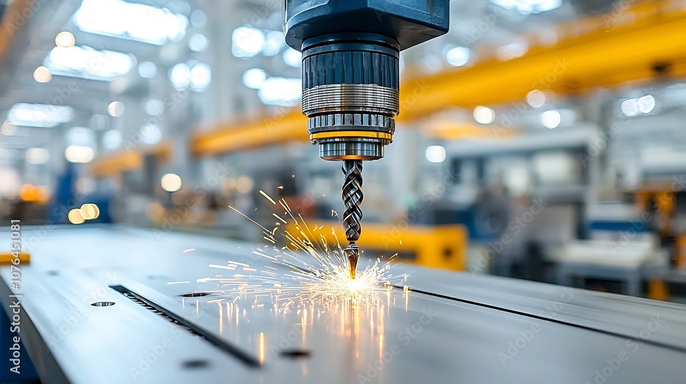 Poster precision metalworking process with advanced automated machinery creating powerful industrial sparks