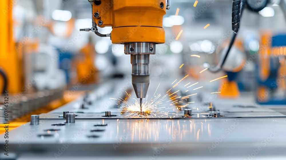 Poster Precision metalworking process featuring automated industrial machinery in action with sparks flying around the drill bit highlighting the power and skill of modern industrial production