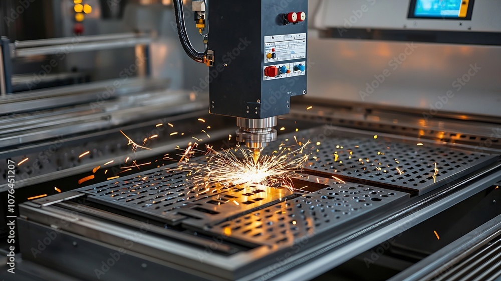 Poster Automated metal cutting machine operating in a dark factory setting with bright sparks illuminating the high tech manufacturing process