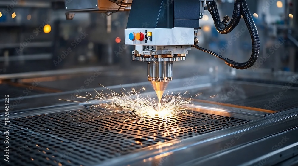 Poster Automated metal cutting machine in within a dark factory setting with bright sparks illuminating the high tech manufacturing process  This image represents the efficiency precision