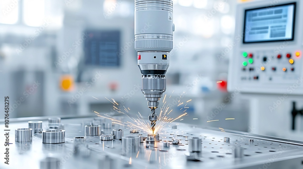 Poster high precision robotic drill meticulously working on intricate metal parts with vivid sparks and adv