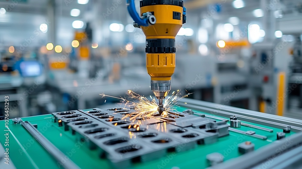 Poster Robotic drill precisely cutting and shaping metal components in a sophisticated industrial production setting with bright sparks and advanced machinery in