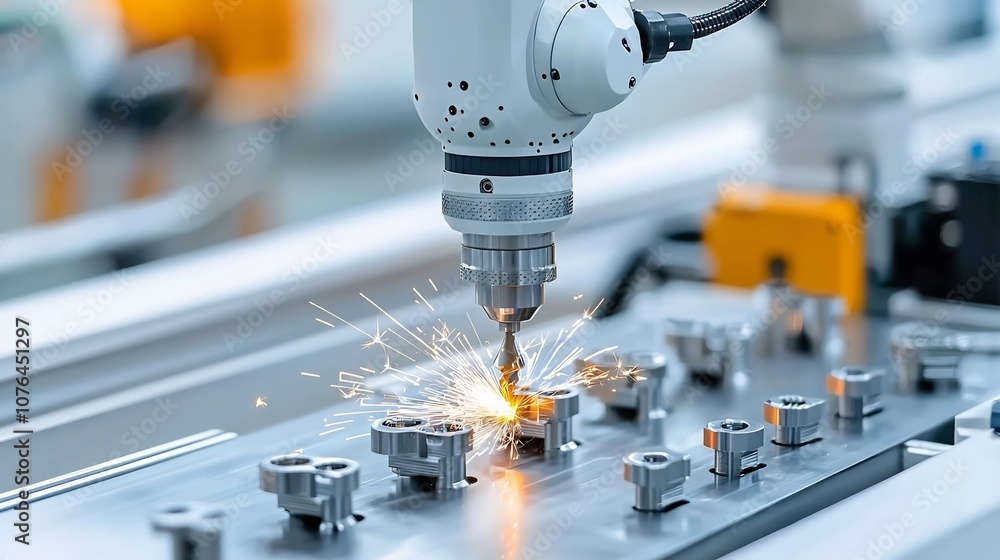 Poster high precision robotic drill intensely working on metal parts in an advanced industrial environment 