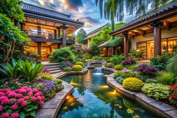 Elegant Architectural Photography of a Serene Garden Oasis with Lush Greenery, Modern Structures, and Tranquil Water Features Captured in Natural Light for a Calming Atmosphere