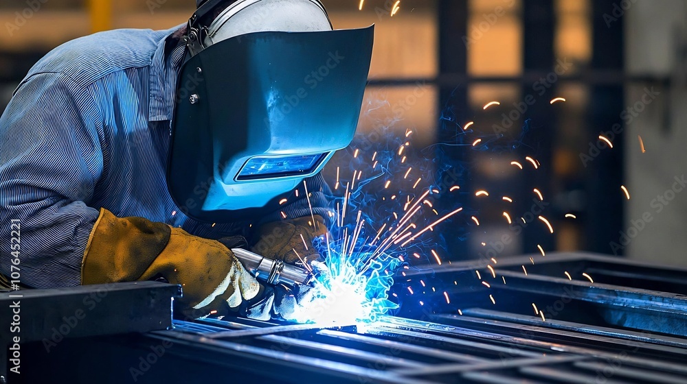 Poster close up of a skilled welder wearing a protective mask intently focused on the precise metalworking 