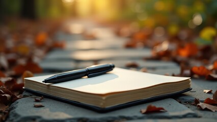 Entryway accent pieces. Open notebook with flags and pen on airport seat, airplane in background through window at sunrise, suggesting travel plans.