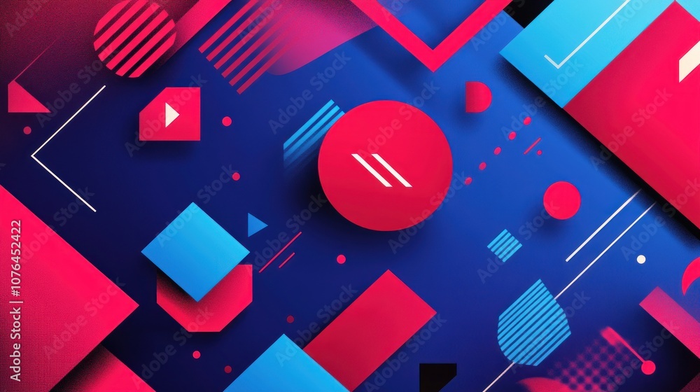 Poster abstract geometric pattern with red and blue shapes on a deep blue background