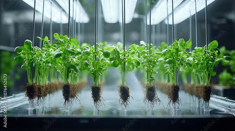 Poster aeroponic farm with vegetables suspended in air their roots exposed to a nutrient rich mist showcasi