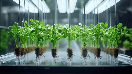 Aeroponic farm with vegetables suspended in air their roots exposed to a nutrient rich mist showcasing a futuristic and efficient high tech farming solution for urban and indoor cultivation