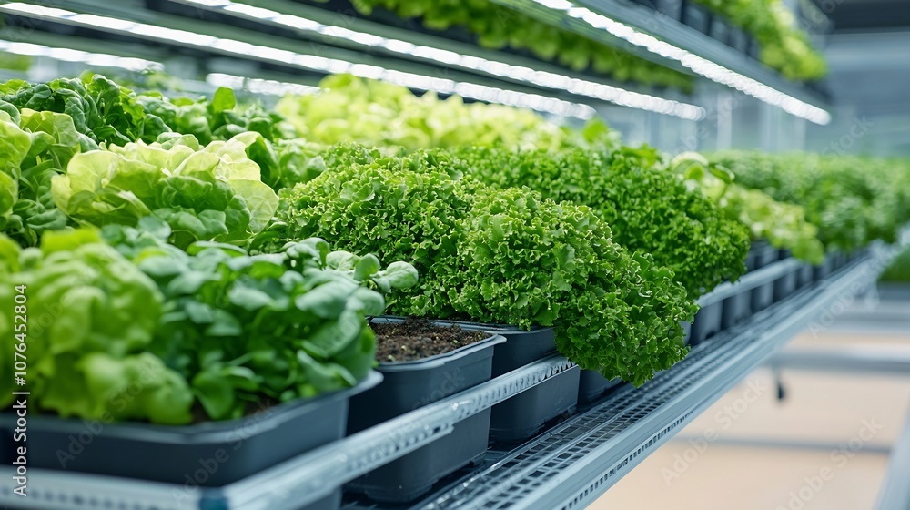 Poster vertical hydroponic system with leafy greens carefully managed for optimal nutrient levels and light