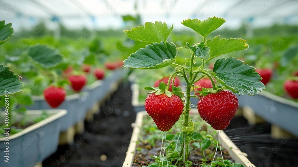 Poster Innovative aeroponic setup for growing strawberries in vertical columns with roots misted with essential nutrients to highlight advanced agricultural technology and sustainable food production