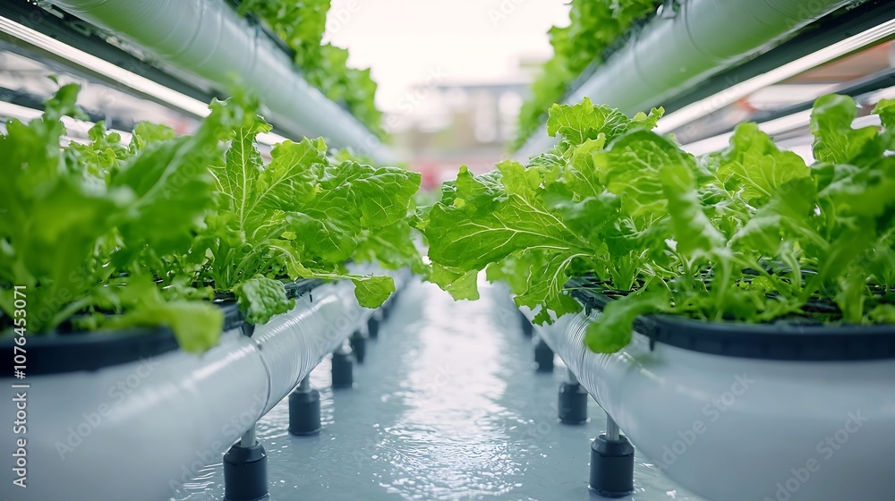 Poster lettuce growing in a hydroponic system with vertical tubes and circulating water showcasing an effic
