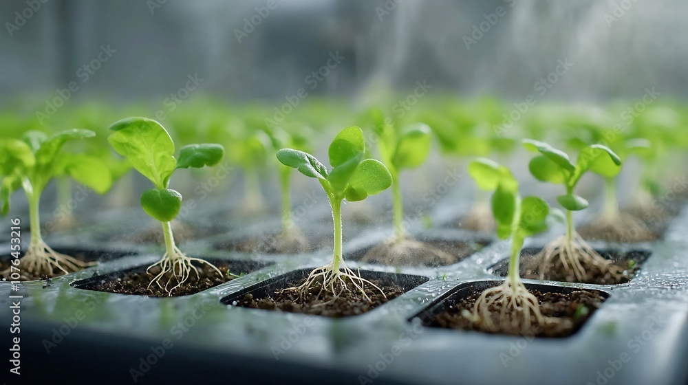 Poster aeroponic plants growing with roots exposed in a controlled mist environment demonstrating a futuris