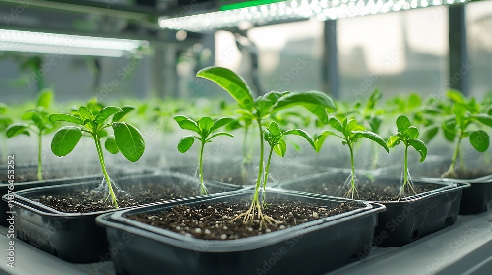 Poster futuristic aeroponic plants growing with exposed roots in a controlled mist environment demonstratin