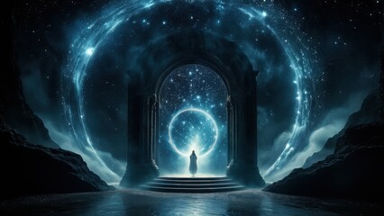A mystical portal glows in a starry night, inviting cosmic exploration and wonder. A lone figure stands before it, ready to step into another dimension