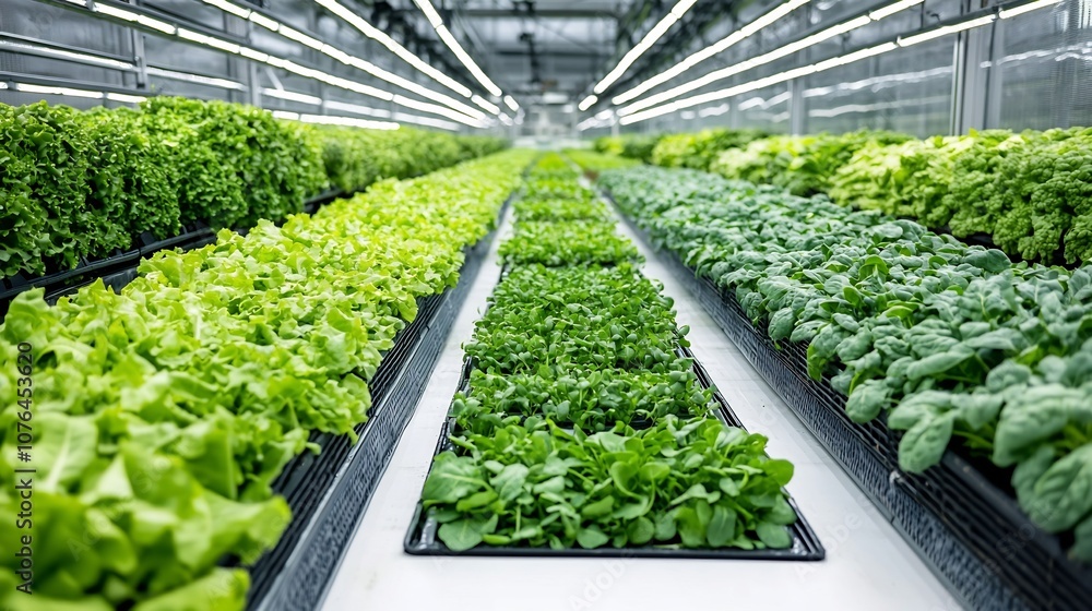 Poster rows of lush vibrant leafy greens thriving in a modern hydroponic greenhouse with the help of energy