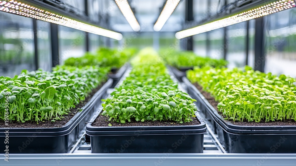 Poster Rows of leafy greens growing in a hydroponic greenhouse illuminated by energy efficient LED lights to create the optimal conditions for sustainable and high yield crop cultivation