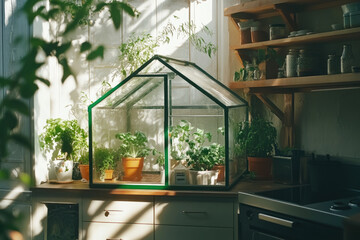 Mini Greenhouse in the Kitchen with Green and White Accents for Fresh Decor