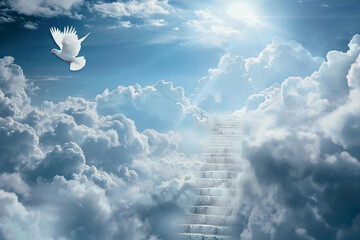 Naklejka premium Fantastically staircase leading to cloudy deep sky at natural light