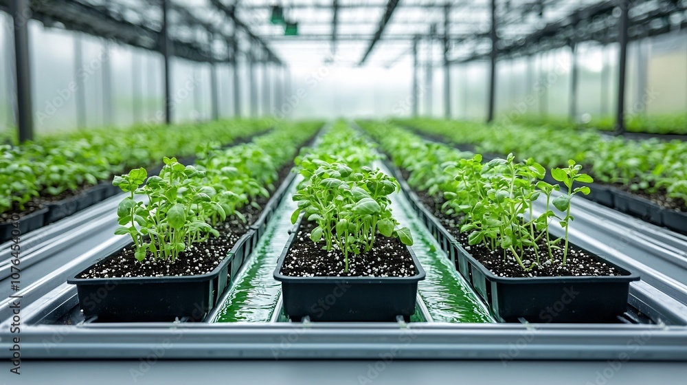 Poster hydroponic setup showcasing an indoor agriculture system with water channels and circulating nutrien