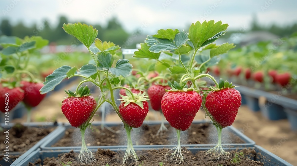 Aufkleber aeroponic column of strawberries with misted roots displaying advanced farming techniques in a high 