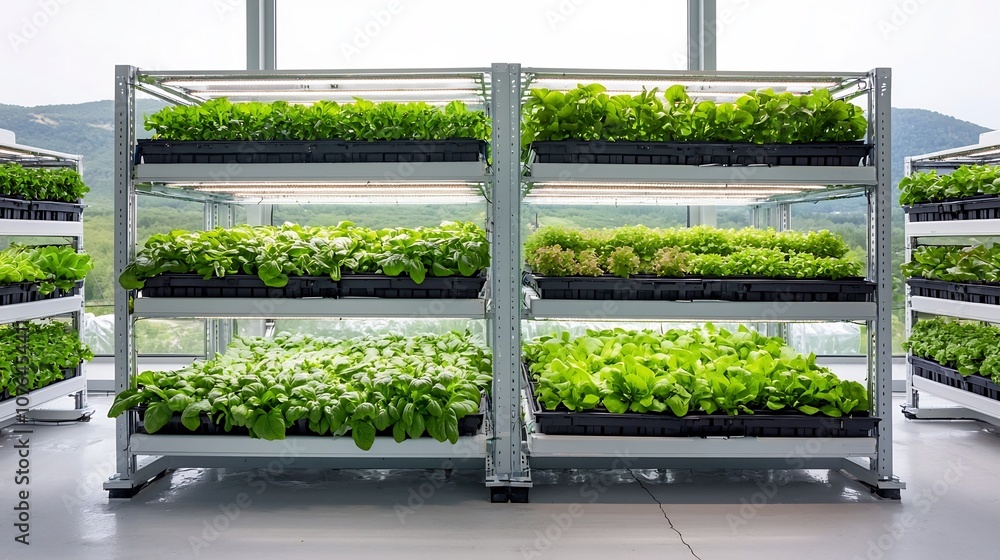 Poster Lush Vertical Hydroponic Farm with Nutrient Rich Water Flow Across Multiple Produce Layers Showcasing a Sustainable and Efficient Agricultural System Designed to Maximize Crop Yields in a Compact
