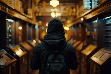 A person in a hooded jacket walks through an empty, poorly lit vending machine area