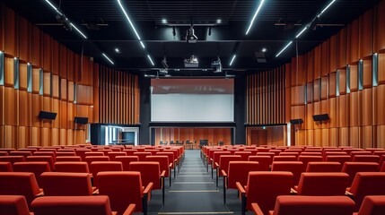 Naklejka premium The auditorium features red seating arranged for a large scientific conference presentation