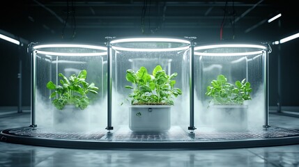 Aeroponic vegetable growing system with plants thriving in mist filled chambers representing a clean soil free and high tech approach to modern and sustainable agriculture