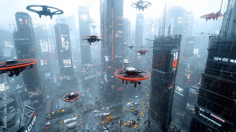 Poster breathtaking futuristic cityscape with towering skyscrapers glowing neon lights and advanced hover v