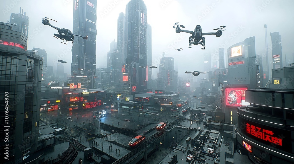 Aufkleber Vibrant Futuristic Cityscape with Soaring Skyscrapers Neon Illumination and Advanced Hover Vehicles Showcasing a Technologically Advanced Metropolis of Tomorrow