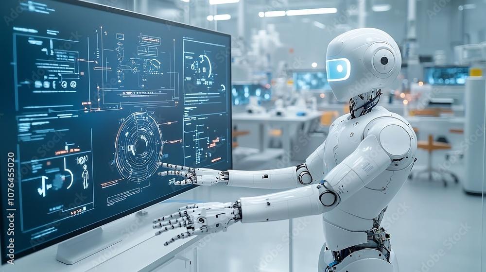Aufkleber a humanoid robot interacting with futuristic holographic screens in a high tech laboratory showcasin