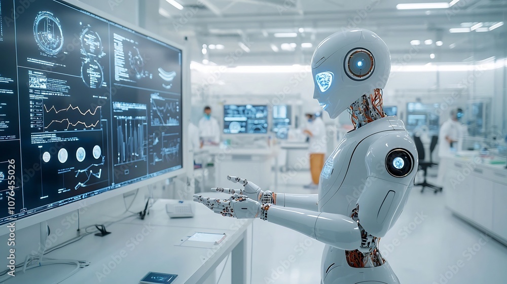 Poster humanoid robot engaging with state of the art holographic displays in a cutting edge futuristic labo