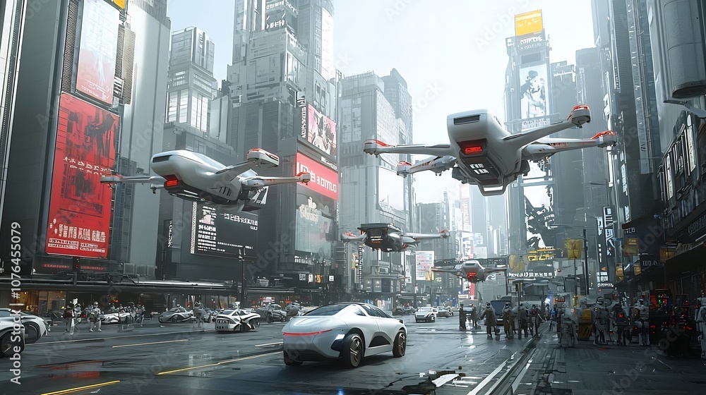 Aufkleber visionary cityscape depicting a futuristic sci fi metropolis filled with sleek flying cars and advan