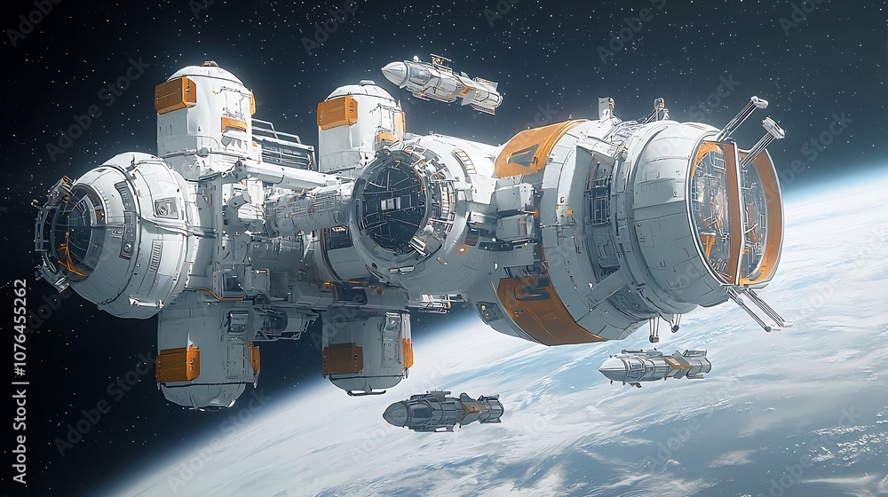 Wall mural futuristic advanced space station orbiting a distant planet featuring a complex architecture with do