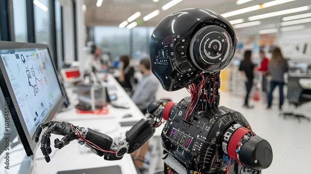 Poster Futuristic robotic assistant with an advanced interface helping a human in a high tech environment and symbolizing the innovative advancements in intelligence and robotics technology