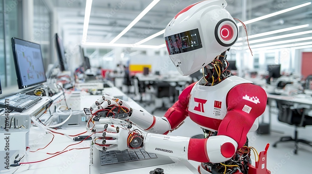 Poster Futuristic robotic assistant with an advanced interface helping a human in a high tech environment symbolizing innovation in intelligence and robotics technology