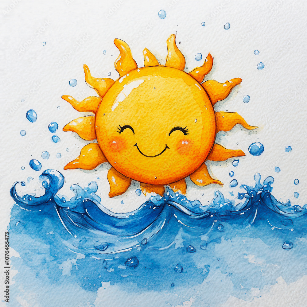 Poster bright and cheerful sun character with a beaming smile surrounded by playful waves and splashes capt