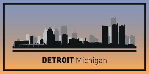 Silhouettes of buildings on Detroit skyline in black frame. Vector on a colored background.