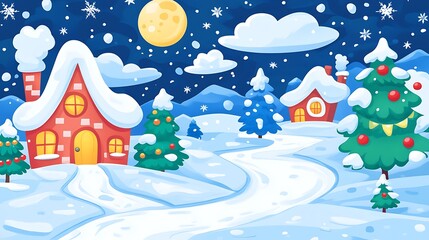 Naklejka premium Snowy Night Village Landscape with a Full Moon