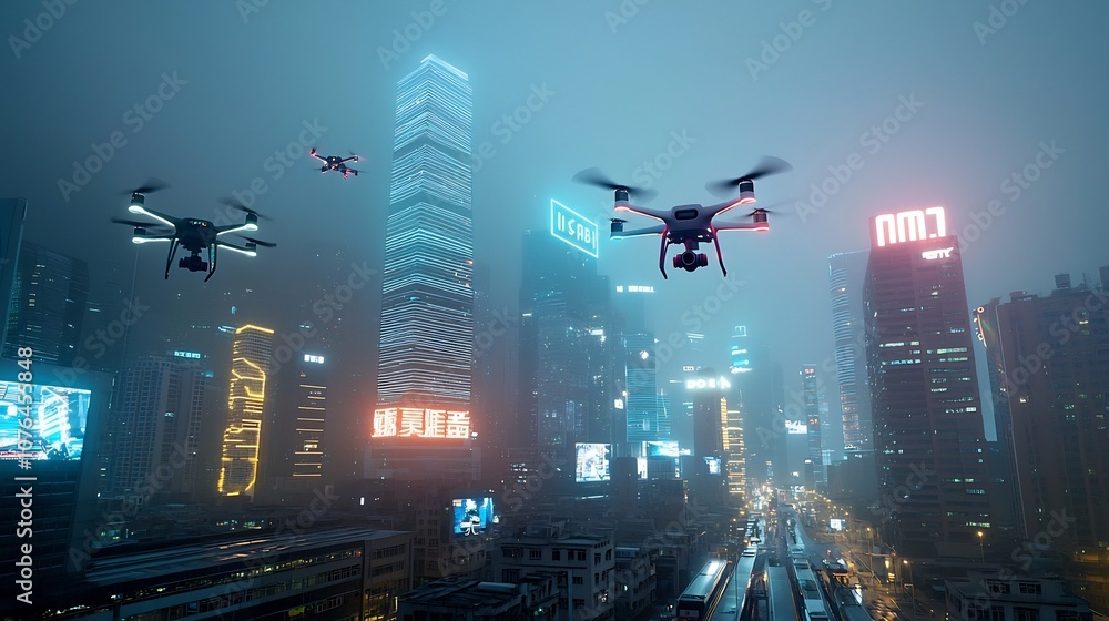 Aufkleber futuristic city skyline at night with advanced public transport systems flying drones and smart buil